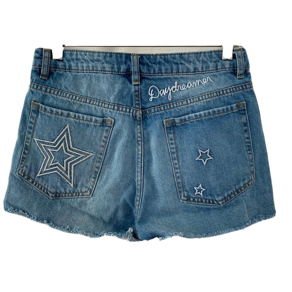 H&M Coachella Shorts Denim Size 8 Medium Wash Silver Embroidered Stars Colab